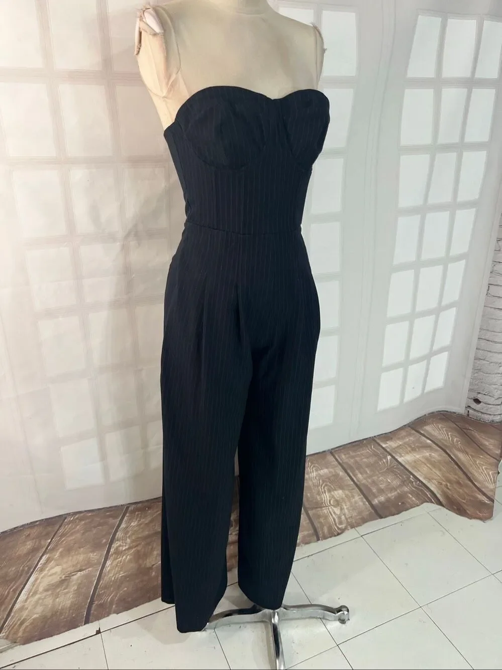 Anthropologie Dark Navy White Tailored Wide Leg Corset Pinstripe Jumpsuit Size 2